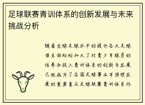 足球联赛青训体系的创新发展与未来挑战分析