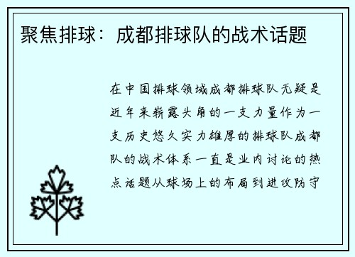聚焦排球：成都排球队的战术话题