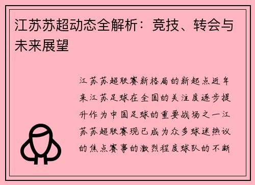 江苏苏超动态全解析：竞技、转会与未来展望