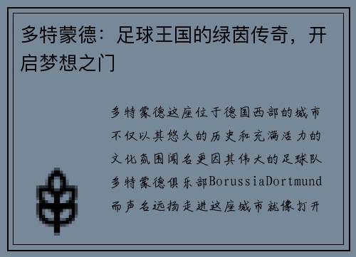 多特蒙德：足球王国的绿茵传奇，开启梦想之门