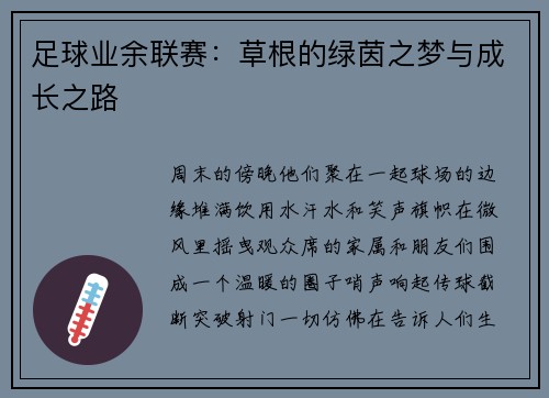 足球业余联赛：草根的绿茵之梦与成长之路