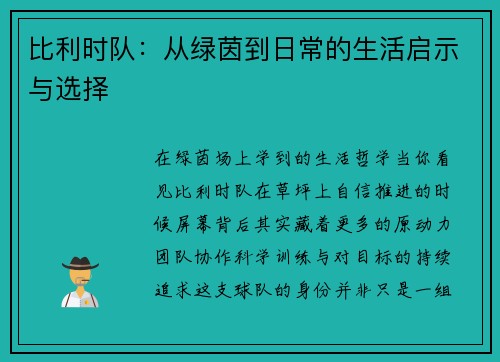 比利时队：从绿茵到日常的生活启示与选择