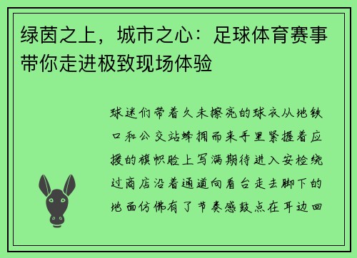 绿茵之上，城市之心：足球体育赛事带你走进极致现场体验