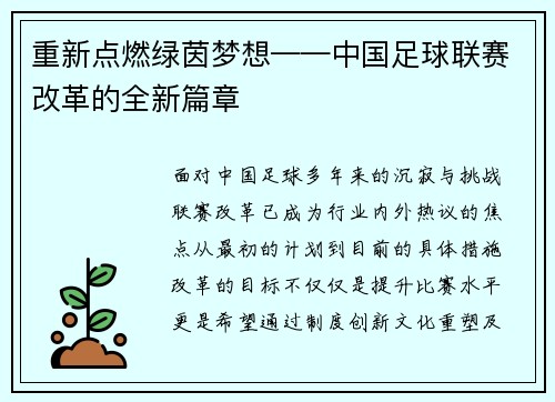 重新点燃绿茵梦想——中国足球联赛改革的全新篇章